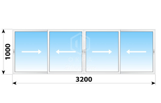 Алюминиевое раздвижное окно 3200x1000 4 створки